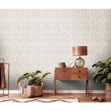 Papier peint nature intissé beige & crème Tapisserie à motifs géométriques feuillage pour chambre Papier peint plantes idéal pour salon (1/4)