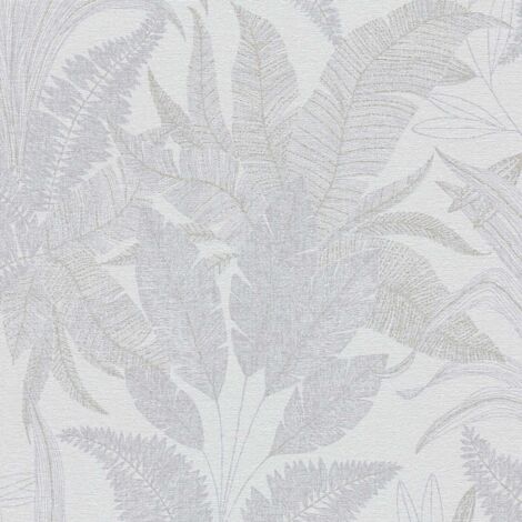Ppaier peint floral gris & beige métallique Tapisserie nature feuillage aspect textile Papier peint intissé idéal couloir & cuisine (1/4)