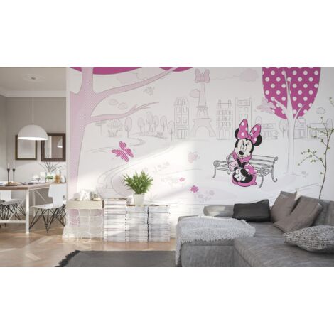 Papier Peint intissé panoramique Minnie à Paris assise sur un banc Disney 400X250CM (1/4)