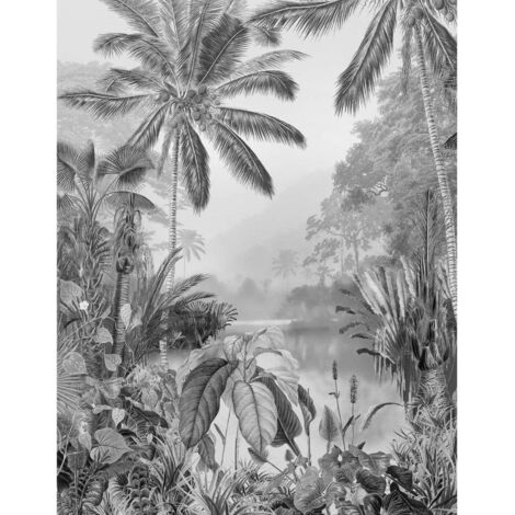 Papier peint panoramique méditerranéen – Motif tropical noir et blanc – Tissu intissé 200 x 270 cm – Application facile avec colle incluse – Komar