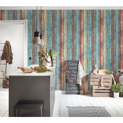 Papier peint imitation planche de bois usé Tapisserie effet bois multicolore Papier peint moderne pour salon cuisine et chambre d‘ado