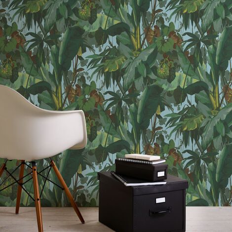 Papier peint végétal vert | Papier peint jungle feuille de bananier | Papier peint tropical idéal pour chambre adulte & salon - 10,05 x 0,53 m