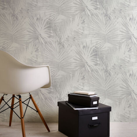 Papier peint gris clair motif feuilles de palmier Tapisserie moderne à motif végétal pour salle de bain Papier peint intissé fleuri uni gris