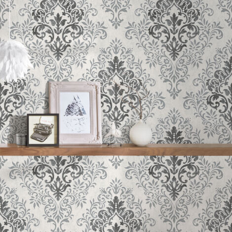 Papier Peint Baroque Damassé Floral AS Creation - Gris Et Blanc Cassé, Non Tissé, 10.05m X 0.53m - Neuf