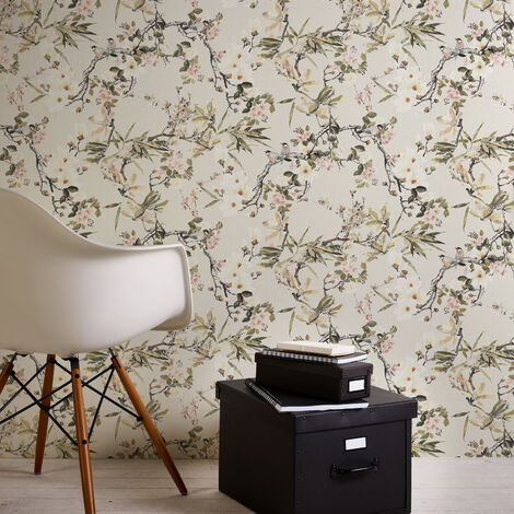 Papier peint motif cerisier japonais beige & vert Tapisserie fleurie style japonaise pour chambre Papier peint fleurs & oiseaux vintage