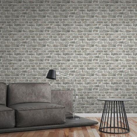 Papier peint brique gris trompe l'oeil Tapisserie brique grise tendance chambre adulte Papier peint intissé effet pierre salon