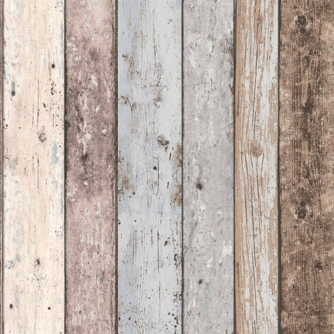Papier peint imitation bois flotté – Tapisserie vinyle lessivable – Effet bois vieilles planches marron bleu – 53cm x 10,05m