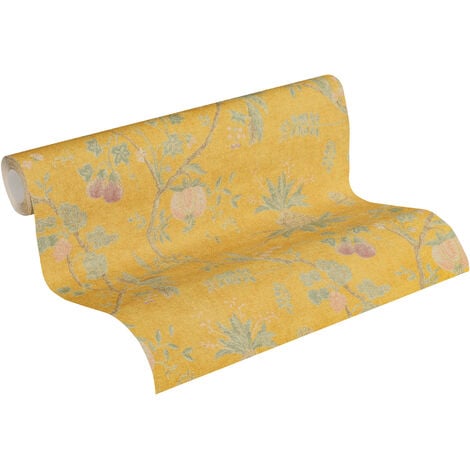 Papier peint fleurs vintage jaune moutarde Tapisserie fleurs Papier peint intissé et embossé Idéal pour chambre