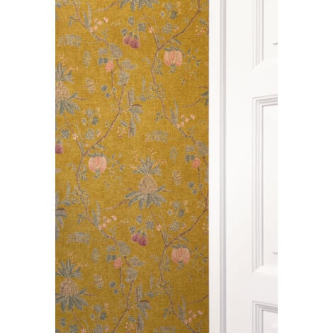 Papier peint fleurs vintage jaune moutarde Tapisserie fleurs Papier peint intissé et embossé Idéal pour chambre