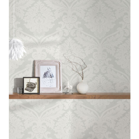 Papier Peint Baroque Damassé Floral AS Creation Gris Blanc Cassé - Non Tissé, 10m