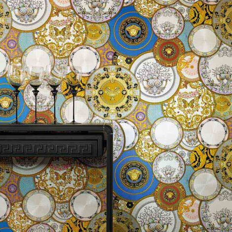 Papier peint baroque original multicolore Tapisserie motif Médusa & fond marin pour salon Papiers peints dorés pour chambre (1/5)