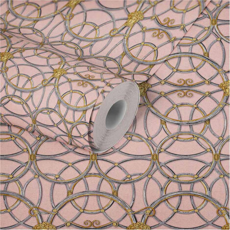 Papier peint original Art déco motif Médusa Tapisserie rose avec cercles dorés Papiers peints motif grec idéal pour salon chic (1/5)