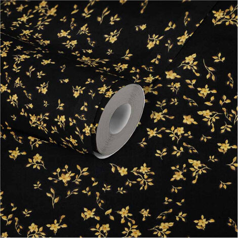 Papier peint fleuri doré sur fond noir Tapisserie intissée style anglais pour chambre chic Papier peint fleuri pour salon (1/5)