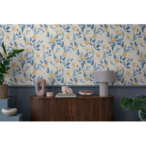 Papier peint intissé fleuri, vintage aux tons bleu, jaune et blanc - 10,05 x 0,53 m - collection Cosmopolitan (1/5)
