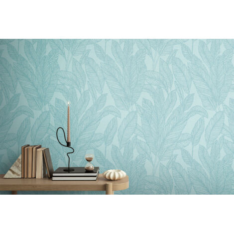 Papier peint intissé feuille et palmier, style jungle et tropical aux tons bleu, or et pastell - 10,05 x 0,53 m (1/5)