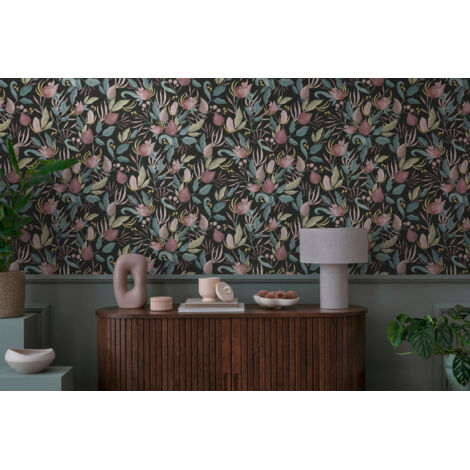 Papier peint intissé fleuri, vintage, aux tons multicolore et noir - 10,05 x 0,53 m - collection Cosmopolitan (1/5)