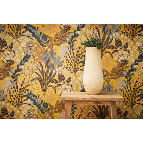 Homemaison – Papier peint vinyle intissé feuilles tropicales jaune ocre et bleu – Lessivable et brossable – Dimensions 53 cm x 10,05 m