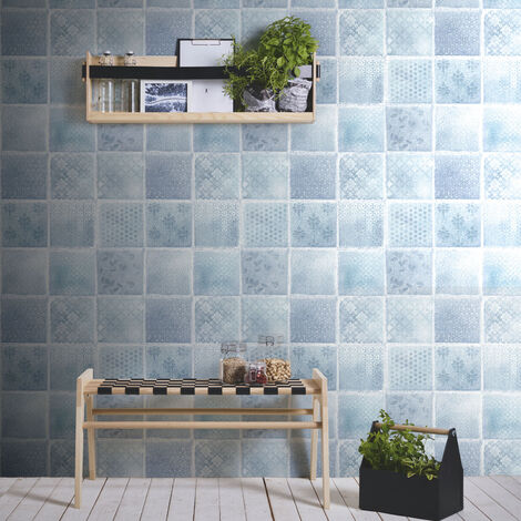 Bricoflor papier peint bleu, crème, gris et turquoise  Tapisserie intissée effet carrelage  Papier peint pour salle de bain, cuisine & plus
