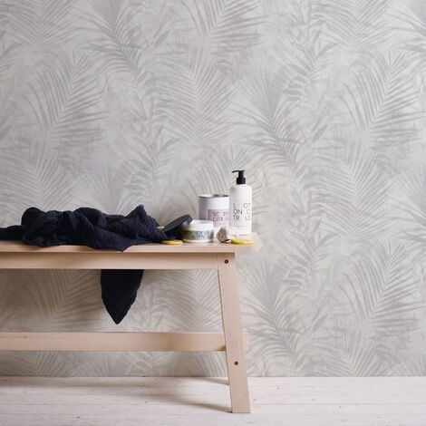 Papier peint feuille gris clair effet aquarelle Tapisserie grise motif feuille salon & salle à manger Papier peint vinyle intissé trendy