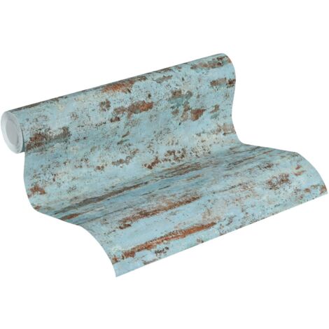Papier peint intissé vinyle bleu Papier peint turquoise et marron idéal pour grenier Tapisserie chic industriel aspect béton salon et bureau (1/5)