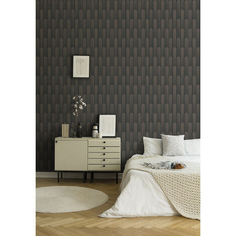 Papier peint graphique marron & noir pour salon vintage Tapisserie motif géométrique rétro Papier peint marron style art déco