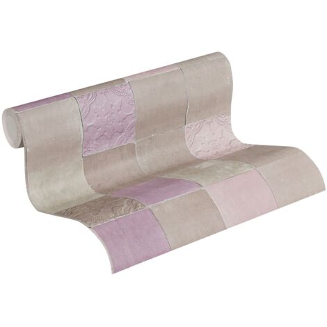 Papier peint imitation carrelage violet et taupe Tapisserie carrelage violette idéale salle de bain Papier peint pastel salon (1/5)