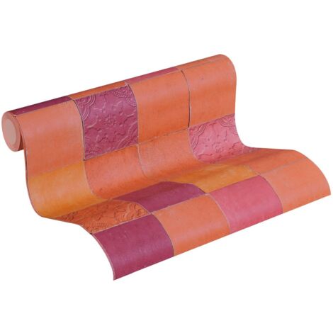 Papier peint orange et framboise imitation carrelage Tapisserie style marocain rouge et orange Papier peint cuisine et salon