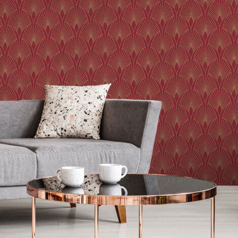 Papier peint vinyle intissé art déco rouge et or – Lessivable, brossable – Dimensions 53cm x 10,05m – Raccord droit 18cm – Livingwalls