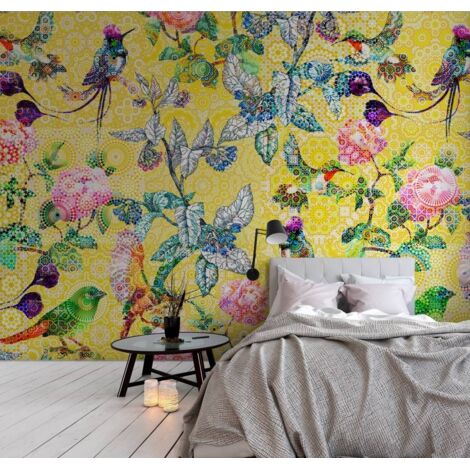 Papier peint panoramique floral idéal pour chambre | Tapisserie panoramique jaune originale | Papier peint panoramique design motif oiseaux - 270 x 400 cm (4 pièces) (1/5)