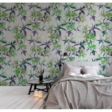 Papier peint panoramique floral coloré | Tapisserie panoramique parfaite pour couloir | Papier peint panoramique vert et violet - 270 x 400 cm (4 pièces) (1/5)