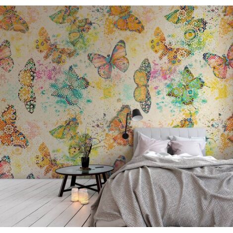 Papier peint panoramique pour chambre d'enfant | Tapisserie panoramique jaune, orange et vert | Papier peint panoramique à motif papillon - 270 x 400 cm (4 pièces) (1/5)