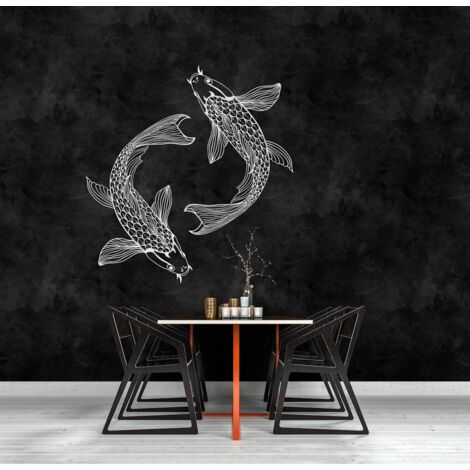 Papier peint panoramique à motif japonais | Tapisserie panoramique à motif carpes pour salle de bain | Papier peint panoramique noir et blanc moderne - 270 x 400 cm (4 pièces) (1/5)