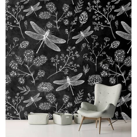 Papier peint panoramique sur fond noir pour salle de bain | Tapisserie panoramique à motifs fleurs et libellules | Papier peint panoramique vintage - 270 x 400 cm (4 pièces)