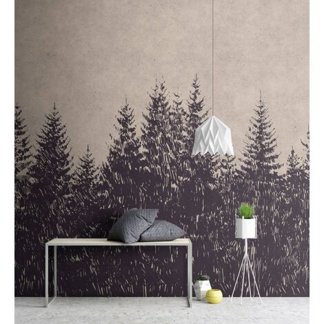 Papier peint panoramique forêt effet dessin | Tapisserie panoramique nature beige & noir | Papier peint panoramique moderne idéal salon - 270 x 400 cm (4 pièces) (1/5)