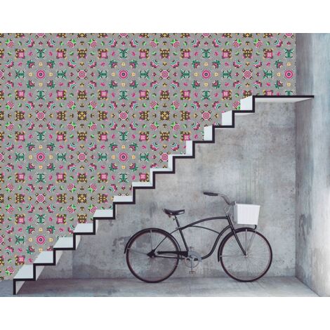 Papier peint panoramique oriental motif multicolore | Tapisserie panoramique grise graphique pour salon | Papier peint panoramique moderne chambre - 270 x 400 cm (4 pièces) (1/5)