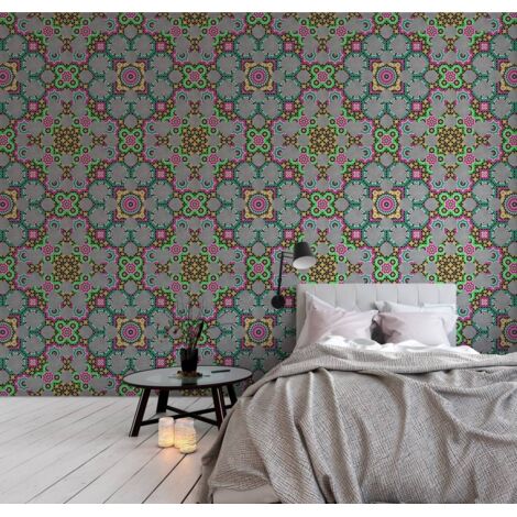 Papier peint panoramique original graphique | Tapisserie panoramique mandala multicolore pour salon | Papier peint panoramique pour escalier - 270 x 400 cm (4 pièces) (1/5)