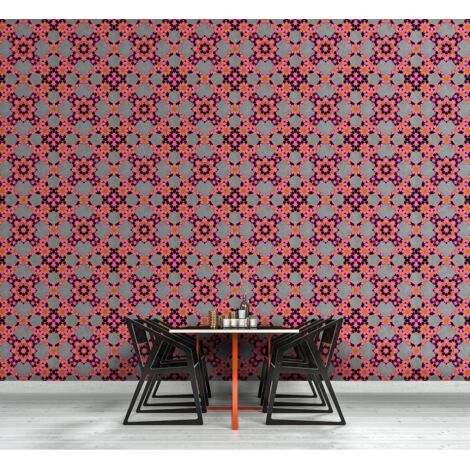 Papier peint panoramique rose néon & gris original | Tapisserie panoramique motif fleur graphique | Papier peint panoramique salon & couloir - 270 x 400 cm (4 pièces) (1/5)