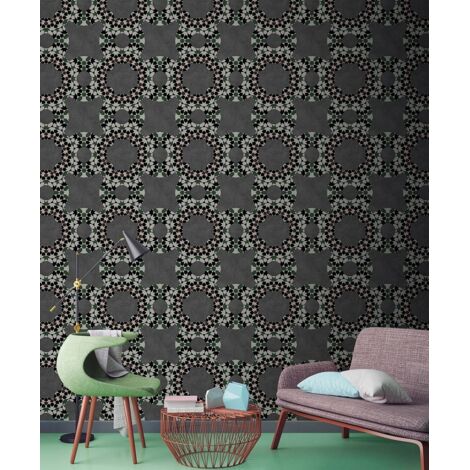Papier peint panoramique géométrique idéal salon | Tapisserie panoramique grise & verte à motif | Papier peint panoramique graphique mandala - 270 x 400 cm (4 pièces) (1/5)