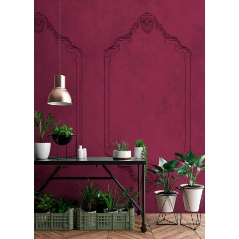 Papier peint panoramique moulure 3D bordeaux | Tapisserie panoramique élégante baroque pour chambre adulte | Papier peint panoramique violet pour salon - 270 x 400 cm (4 pièces) (1/5)