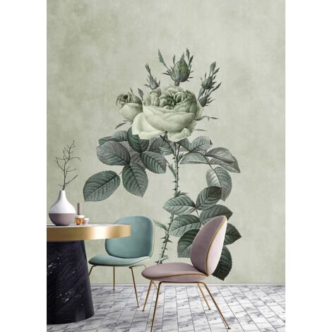 Papier peint panoramique floral vintage vert & gris | Tapisserie panoramique pastel fleurie idéale cuisine | Papier peint panoramique shabby chic couloir - 270 x 400 cm (4 pièces) (1/5)