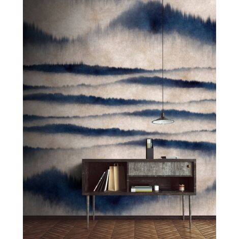 Papier peint panoramique pour salle de bain | Tapisserie panoramique tendance bleue et beige | Papier peint panoramique graphique - 270 x 500 cm (5 pièces) (1/5)