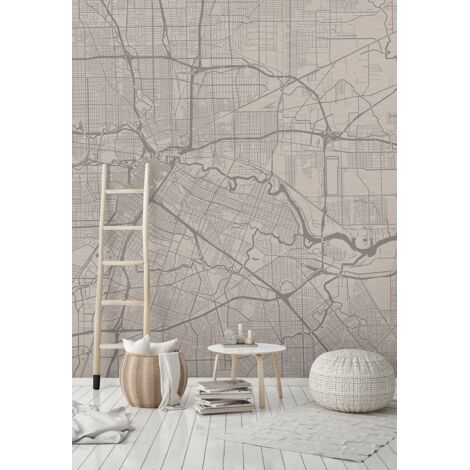 Papier peint panoramique beige et gris pour salon | Tapisserie panoramique carte du monde tendance | Papier peint panoramique pour escalier - 270 x 400 cm (4 pièces) (1/5)