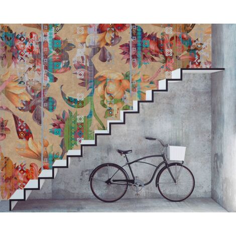 Papier peint panoramique floral exotique orange | Tapisserie panoramique fleurie ethnique pour chambre adulte | Papier peint panoramique pour escalier - 270 x 400 cm (4 pièces) (1/5)
