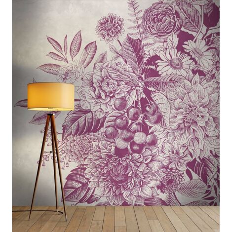Papier peint panoramique floral tendance violet et beige | Tapisserie panoramique pour escaliers à motifs moderne | Papier peint panoramique nature - 270 x 400 cm (4 pièces) (1/5)