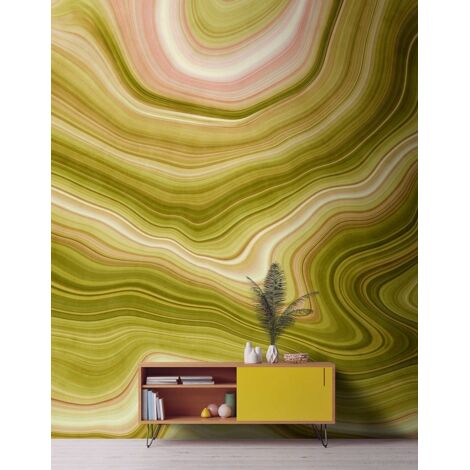 Papier peint panoramique original vert et rose | Tapisserie panoramique graphique pour salon | Papier peint panoramique coloré - 270 x 400 cm (4 pièces) (1/5)