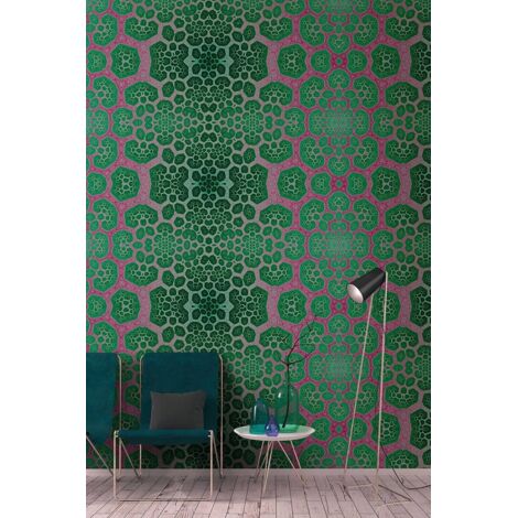 Papier peint panoramique original pour bureau | Tapisserie panoramique tendance à motif | Papier peint panoramique graphique vert et rose - 270 x 400 cm (4 pièces) (1/5)