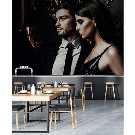 Papier peint panoramique moderne pour bar Tapisserie panoramique à motif homme et femme Papier peint panoramique trompe l'oeil noir et beige (1/3)