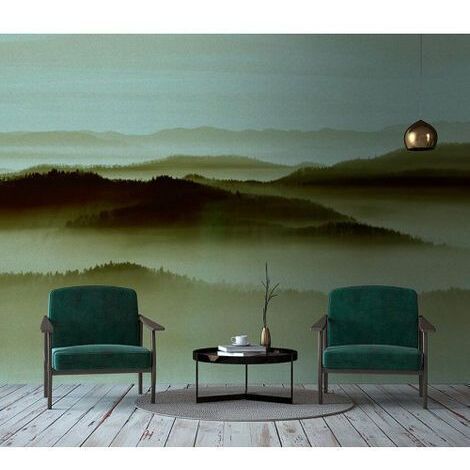 Papier peint panoramique paysage aquarelle Tapisserie panoramique nature pour chambre Papier peint panoramique montagne vert effet peinture (1/3)