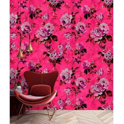 Papier peint panoramique floral rose pour salon Tapisserie panoramique fleurie pour chambre fille Papier peint panoramique vintage motif rose