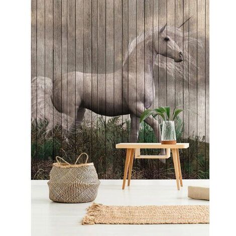 Papier peint panoramique cheval blanc Tapisserie panoramique cheval chambre fille Papier peint panoramique bois original chambre enfant (1/3)